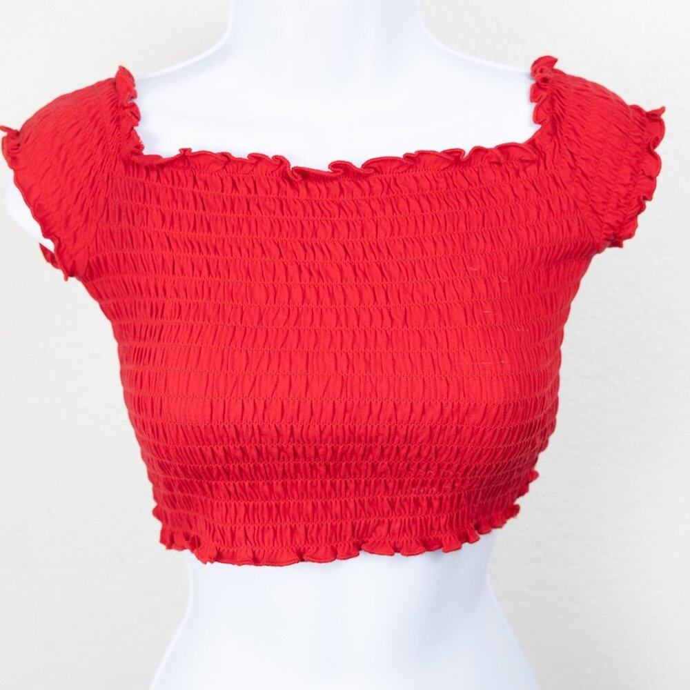 Divided Red Off Shoulder Smocked Crop Top. Size XS